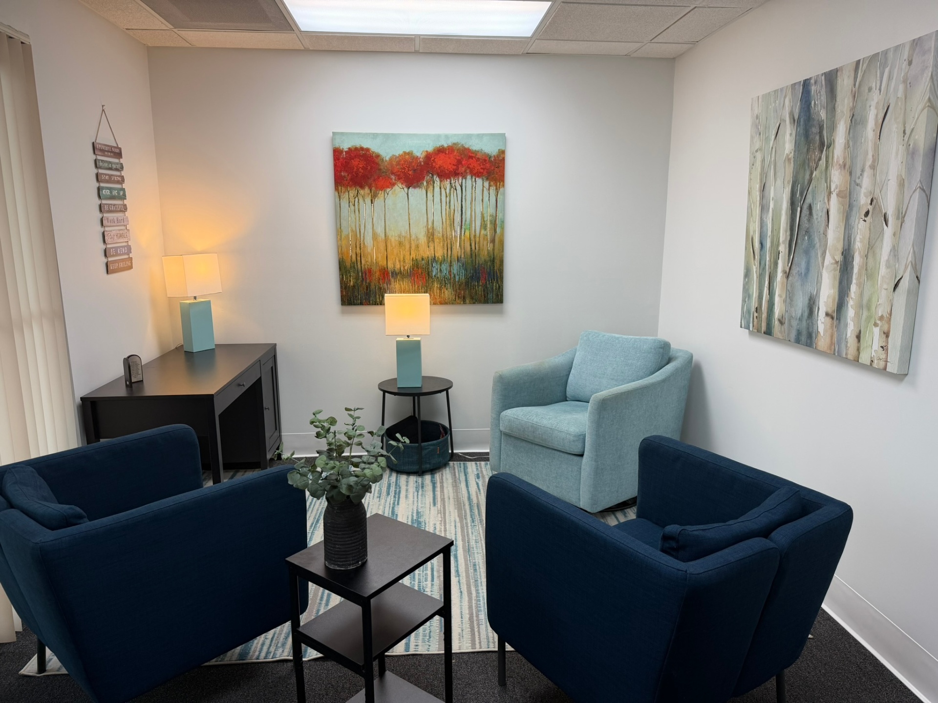 Inside Maria's Weston, FL therapy office, calm seating, warm lamps, soft natural light