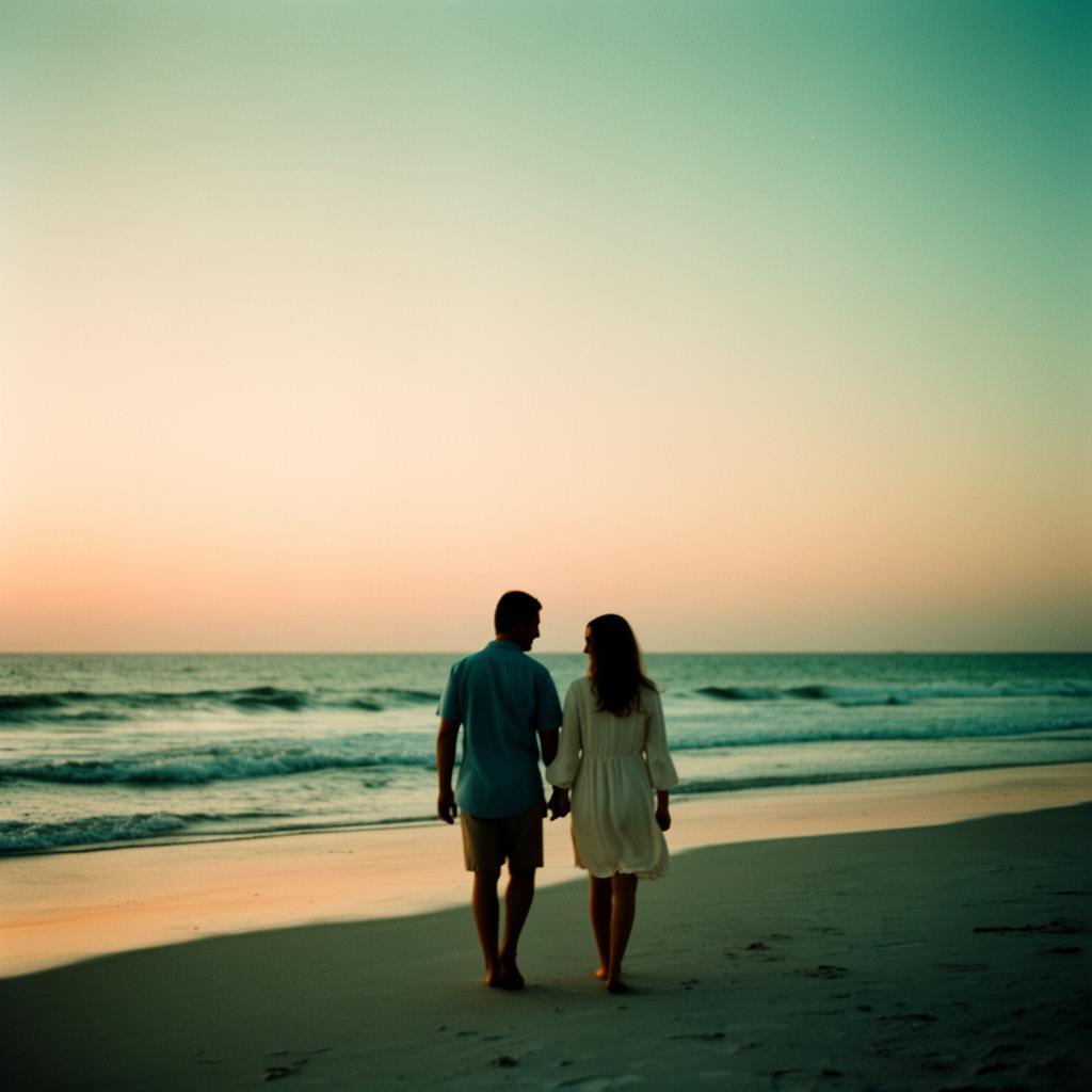 A couple walking side by side on a quiet Florida beach at warm dawn light